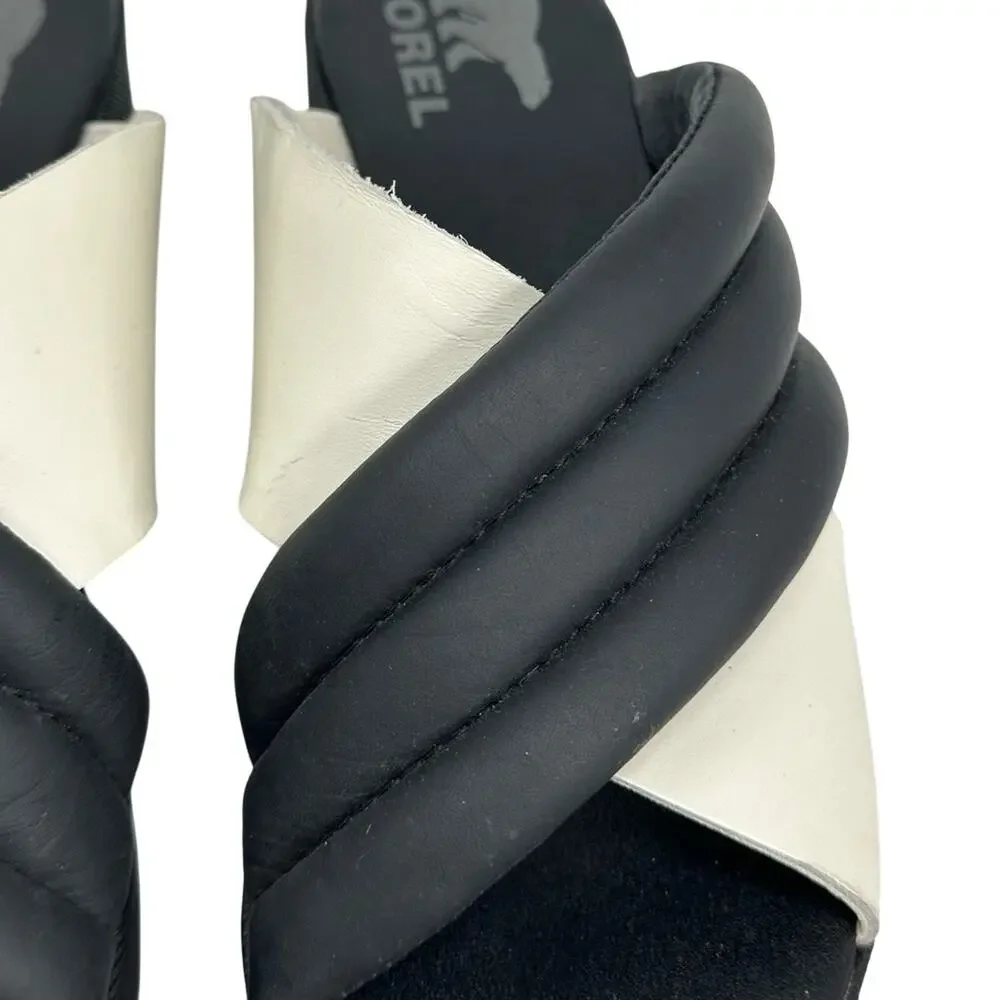 Sorel Cameron Flatform Puff Sandal Platform Slide  Black & White Leather